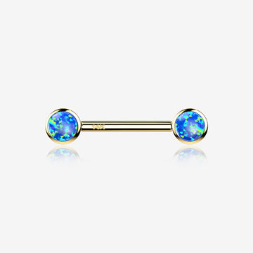 A Pair of 14 Karat Gold OneFit Threadless Round Fire Opal Bezel Set Nipple Barbell-Blue Opal